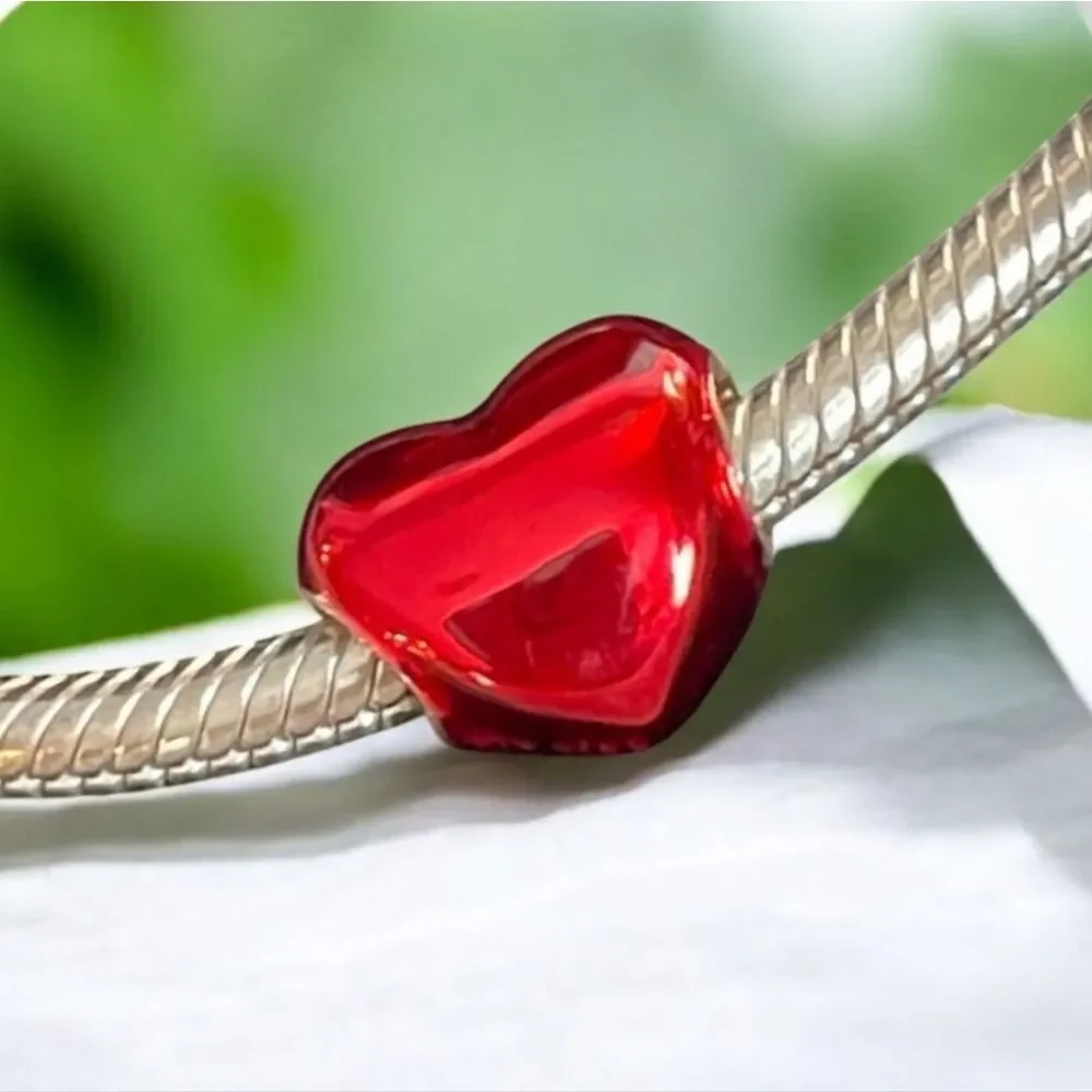 Puffy Metallic Red Heart Bracelet Charm Shiny Enamel Love Girlfriend BFF Gifts